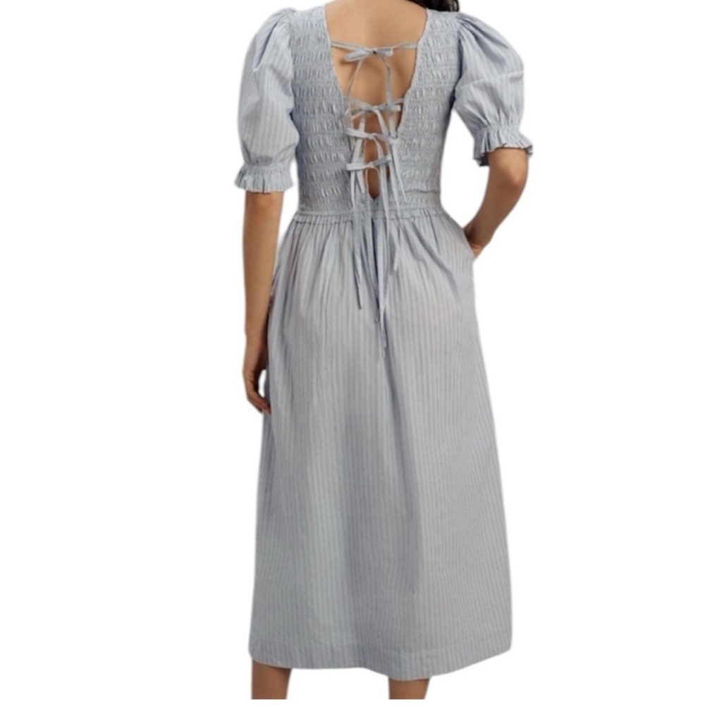 Smocked Back Tie Midi Dress in Light Blue Stripe